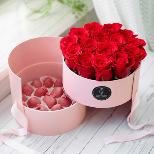pink chocolate strawberries with roses