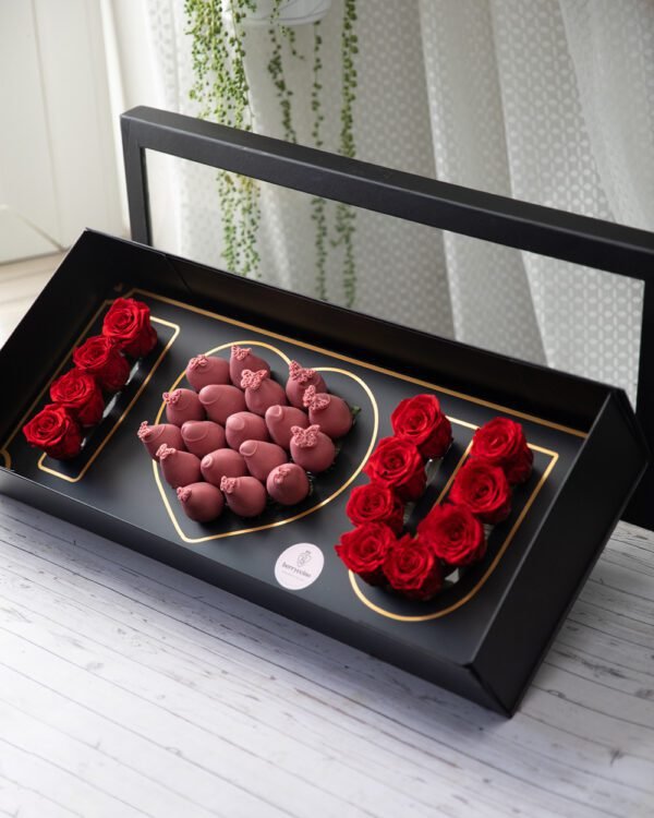 roses with ruby chocolate covered strawberry arrangements