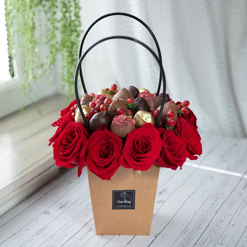 red rose chocolate strawberry bouquet