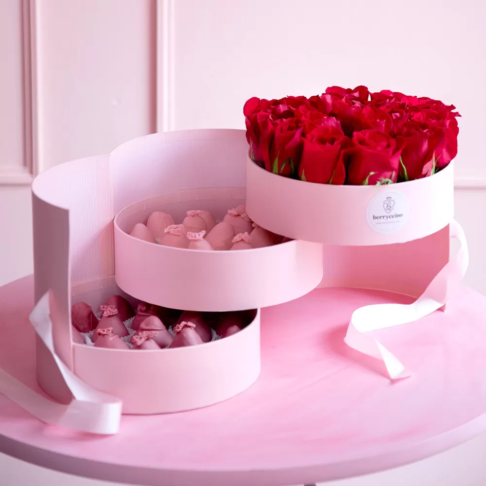 ruby chocolate covered strawberry arrangements with red rose