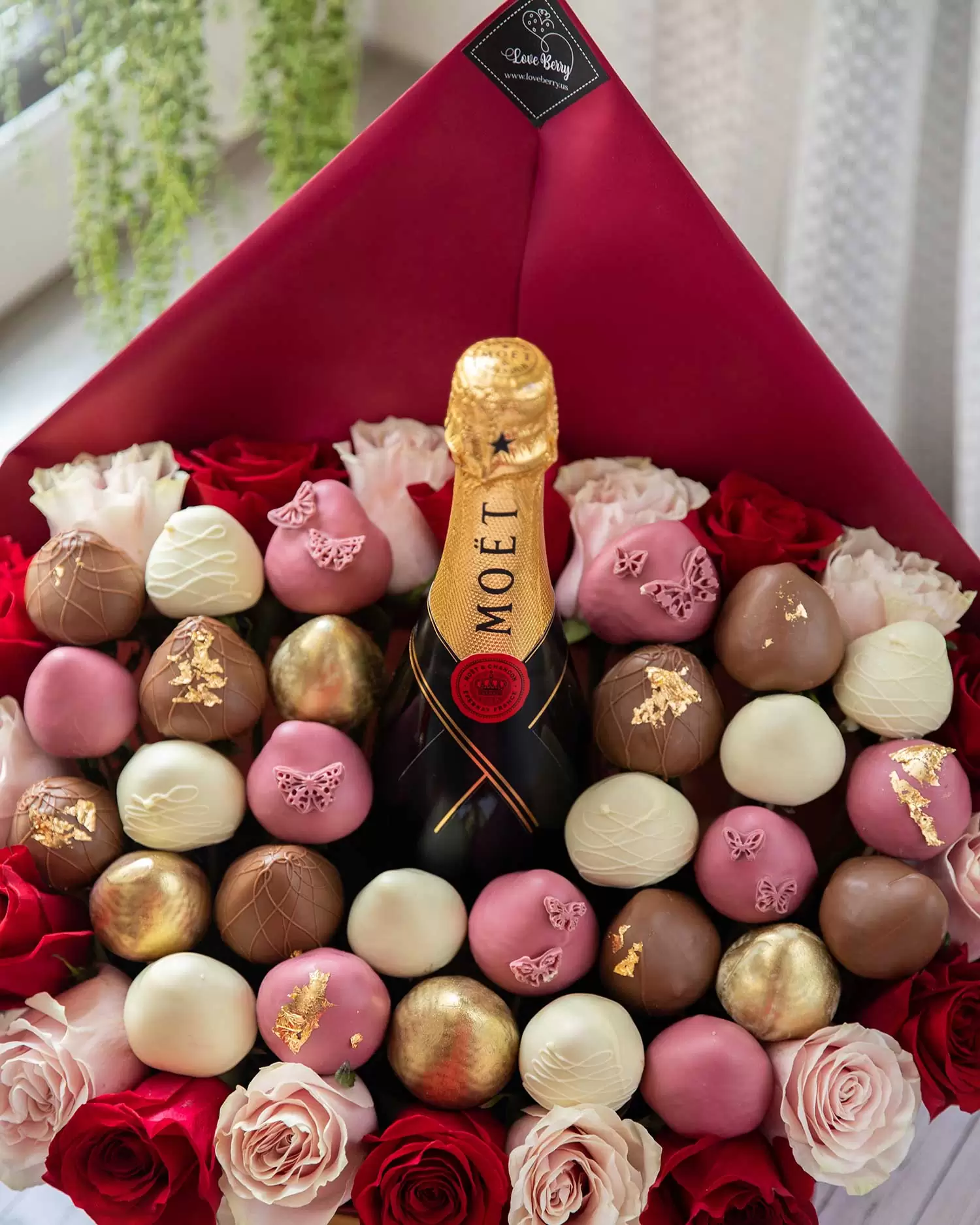 Moet champagne with chocolate-covered strawberries