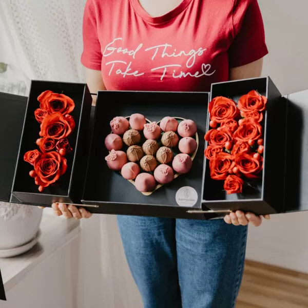 ruby and milk covered strawberries with roses for her