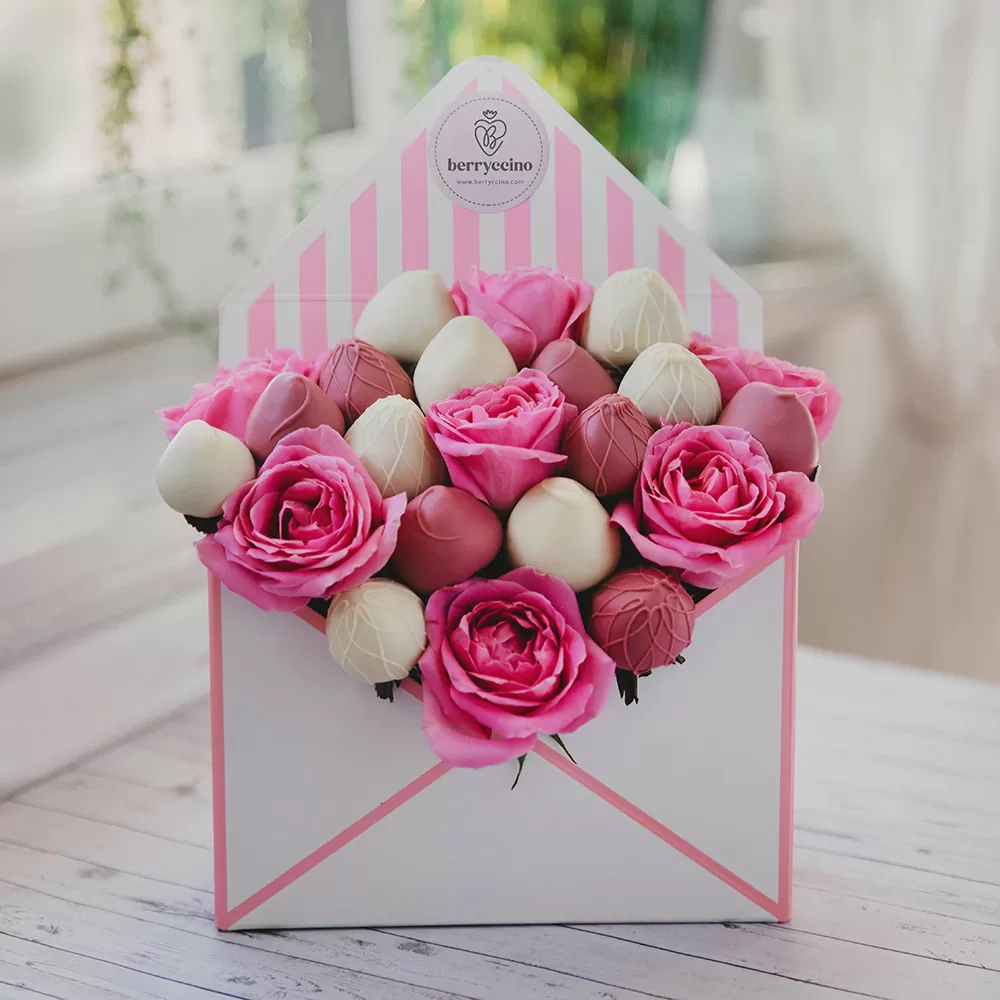 milk and ruby chocolate dipped strawberry arrangements