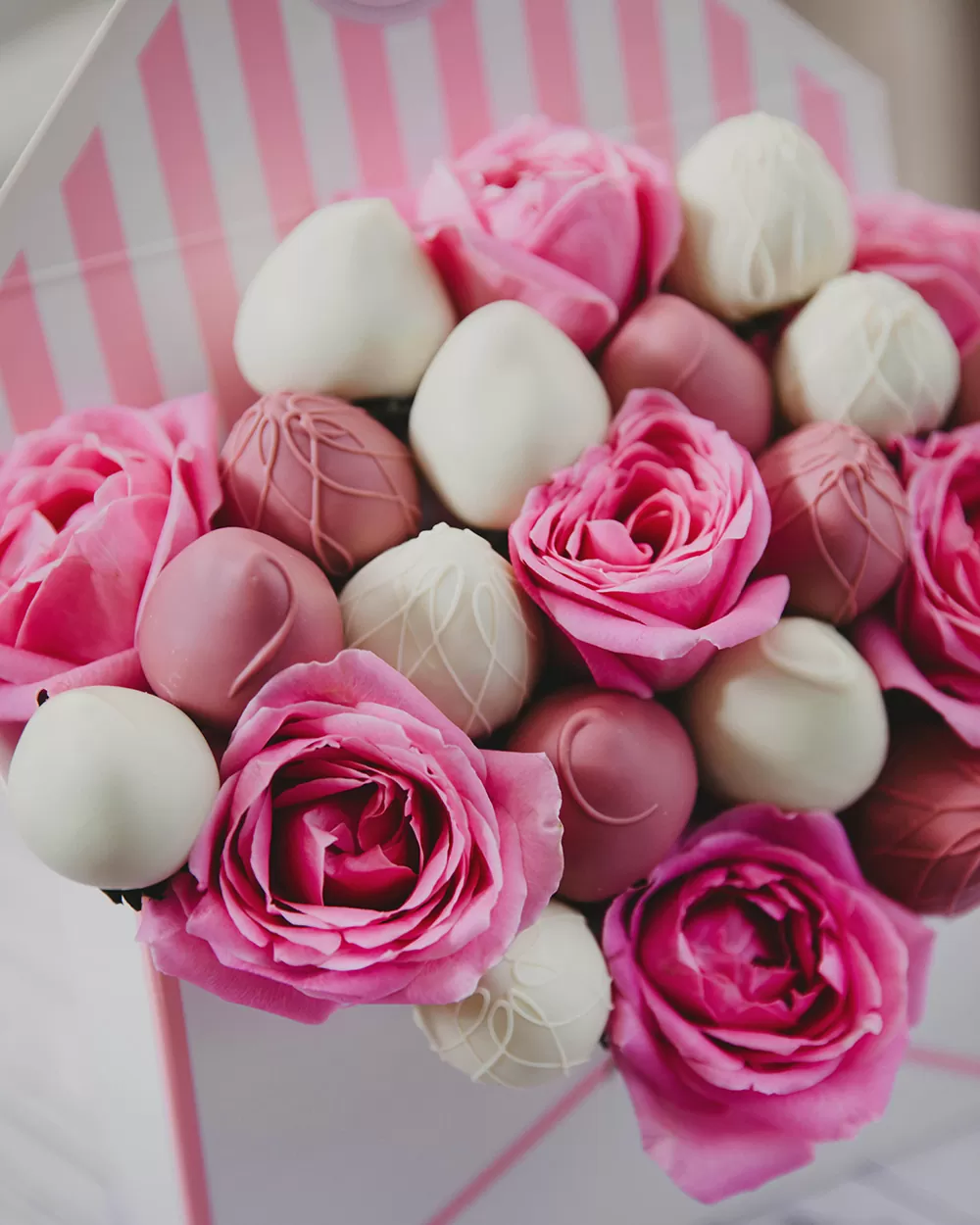 milk and ruby chocolate dipped strawberry arrangements