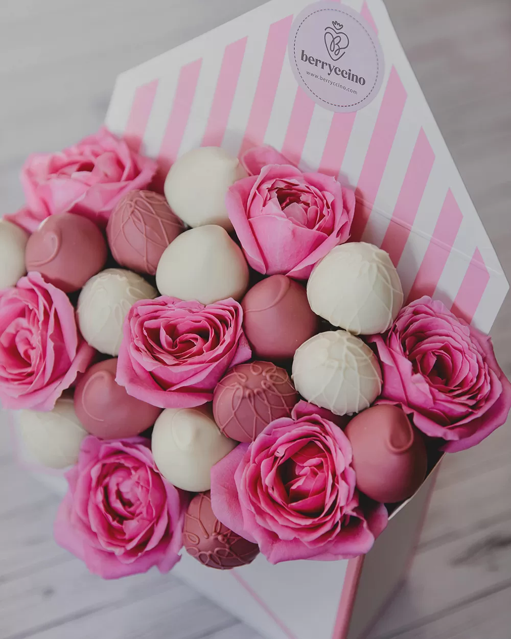 milk and ruby chocolate dipped strawberry arrangements