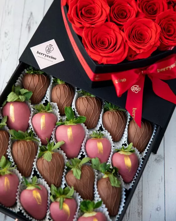 chocolate covered strawberry with red roses