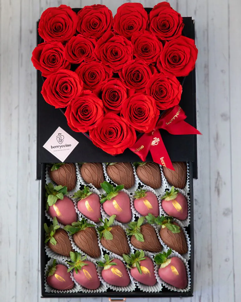 chocolate covered strawberry with red roses