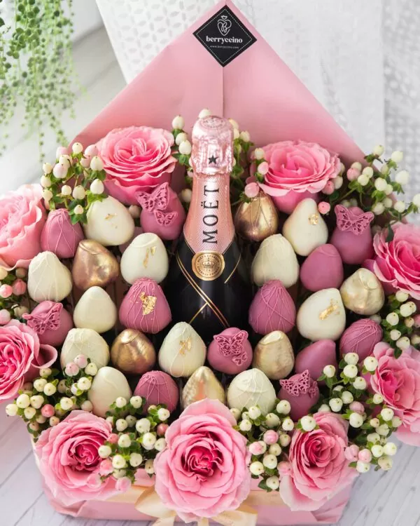 pink roses and chocolate covered strawberries