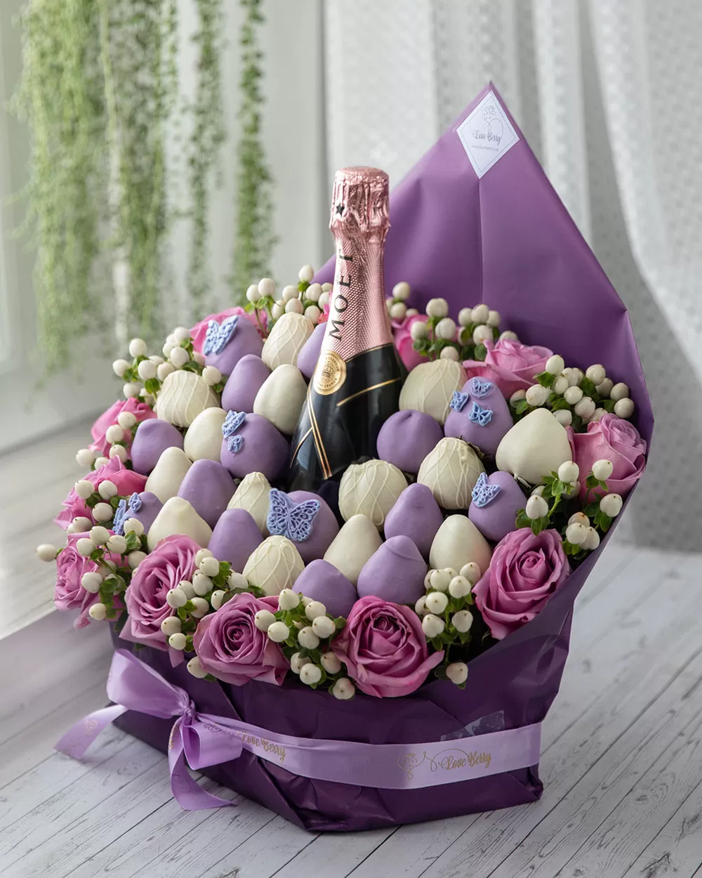 purple and white chocolate covered strawberries