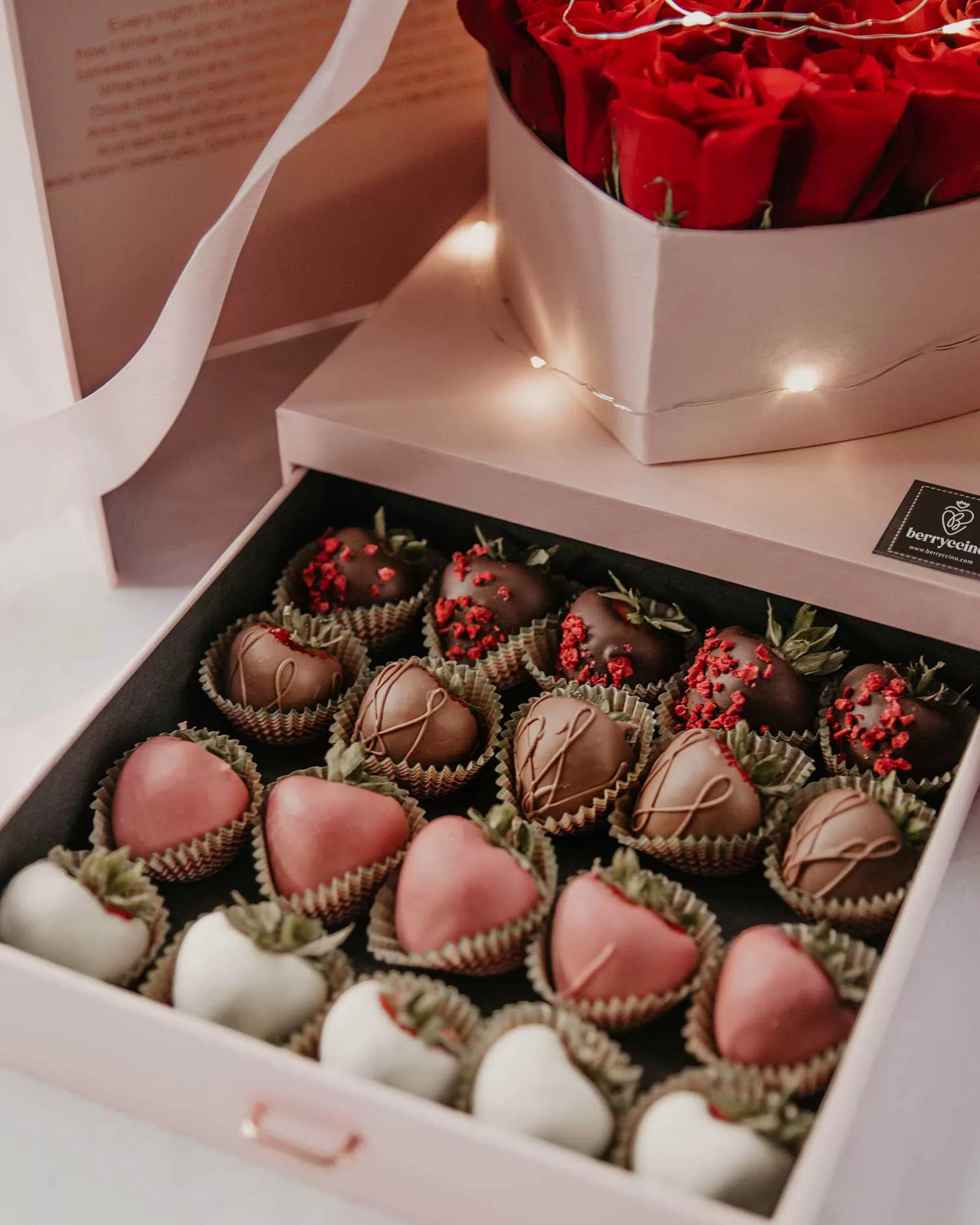 mixed chocolate covered strawberries with roses for her