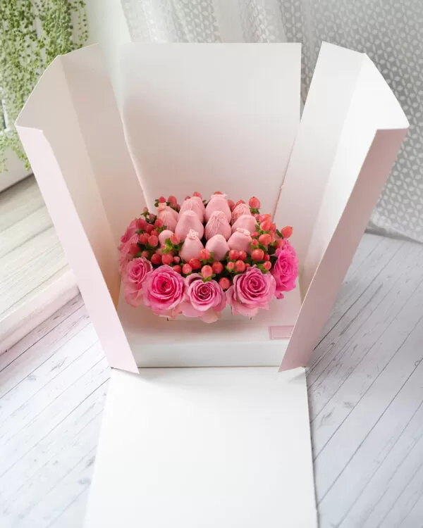 surprise box of chocolate covered strawberry and roses