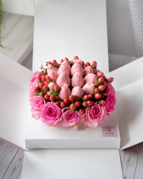 surprise box of chocolate covered strawberry and roses