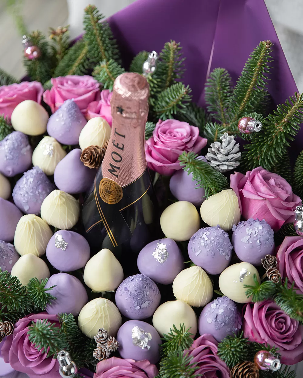 purple and white chocolate christmas bouquet