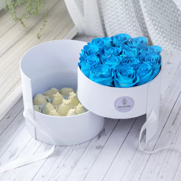 white chocolate covered strawberry arrangements with blue roses