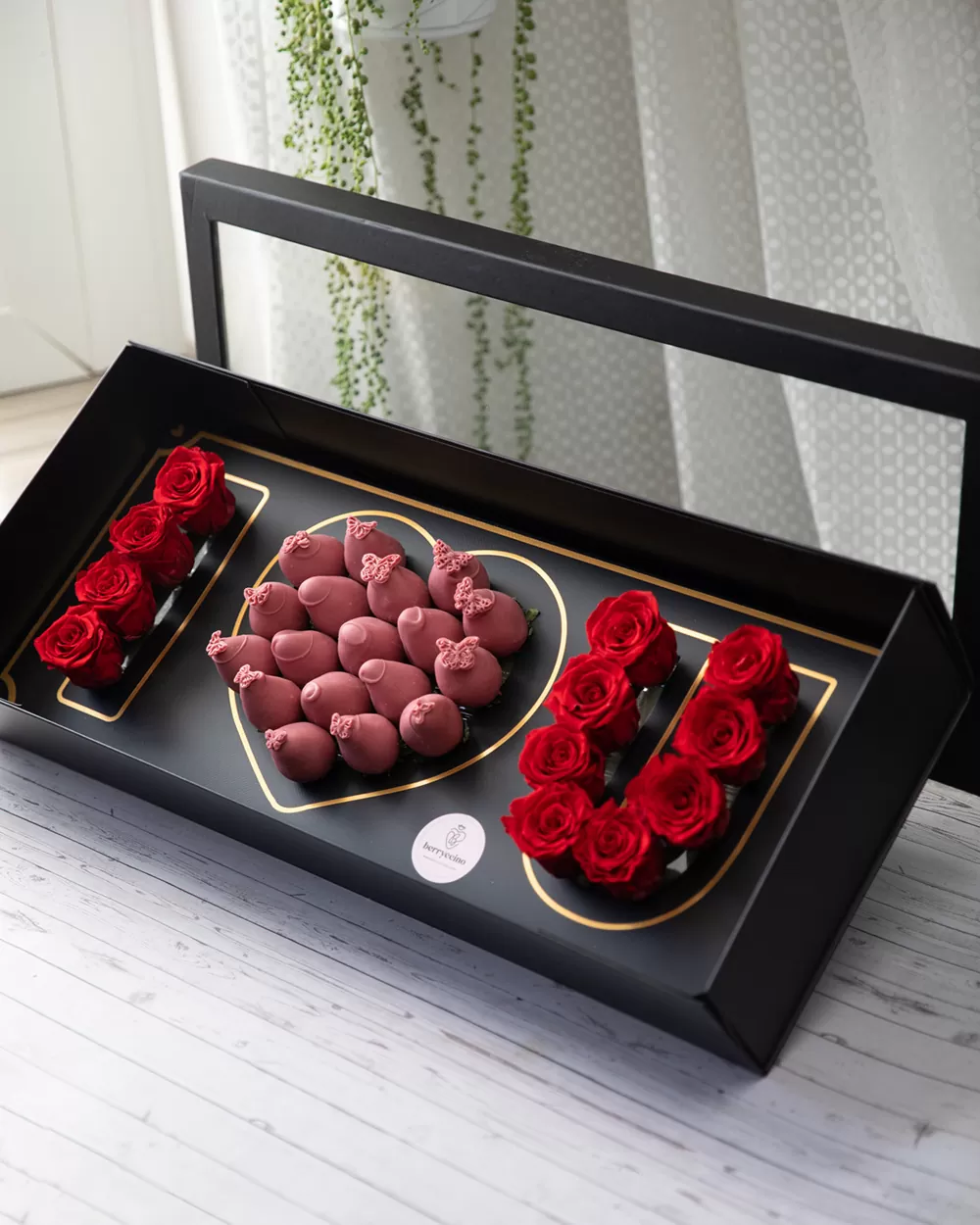 roses with ruby chocolate covered strawberry arrangements