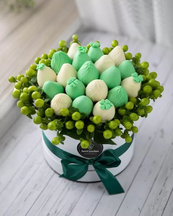 green and white chocolate covered strawberry bouquet