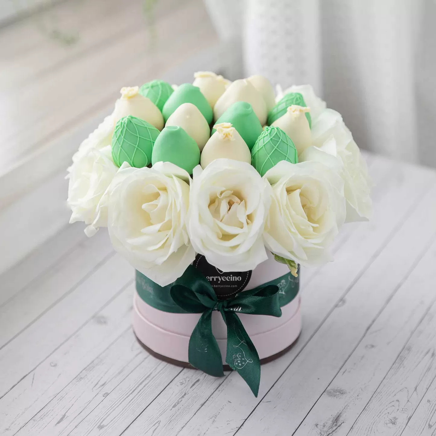 green and white chocolate covered strawberry bouquet