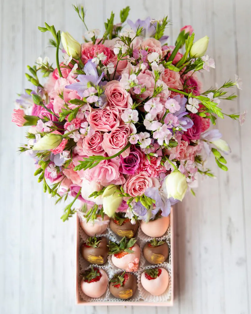 seasonal flowers with chocolate covered strawberry bouquet