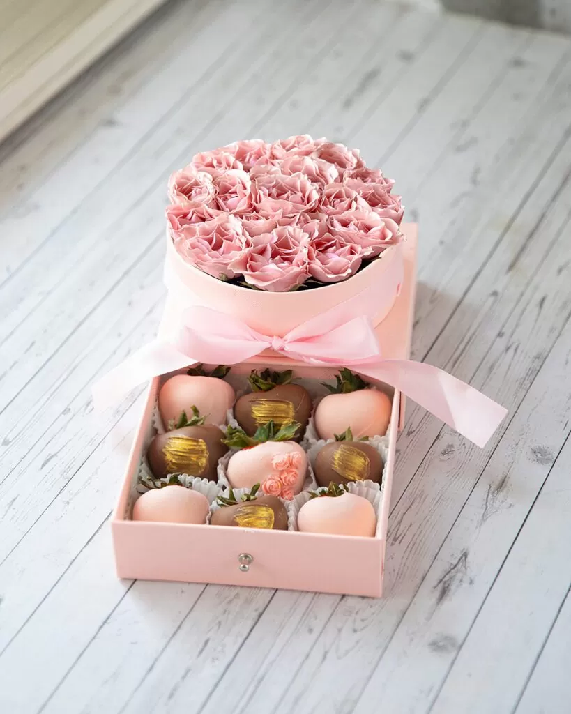 seasonal flowers with chocolate covered strawberry bouquet