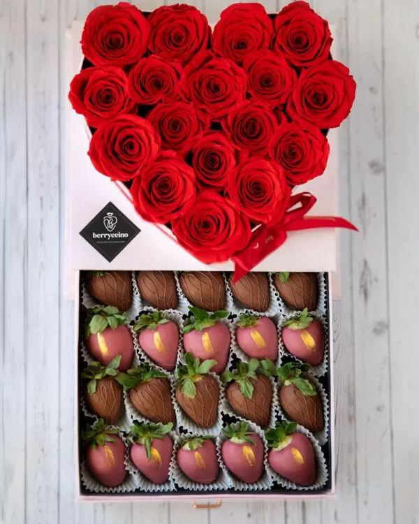 heart-shaped chocolate strawberry centerpiece with roses