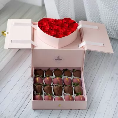 heart shaped chocolate covered strawberry arrangement