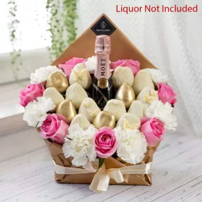 champagne and chocolate covered strawberry arrangement