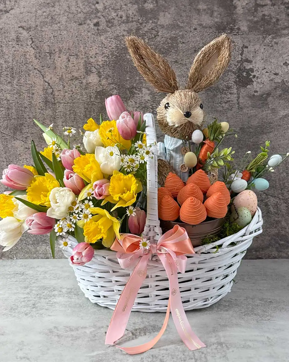 Bunny’s Garden Easter arrangement with chocolate-covered strawberries and spring flowers