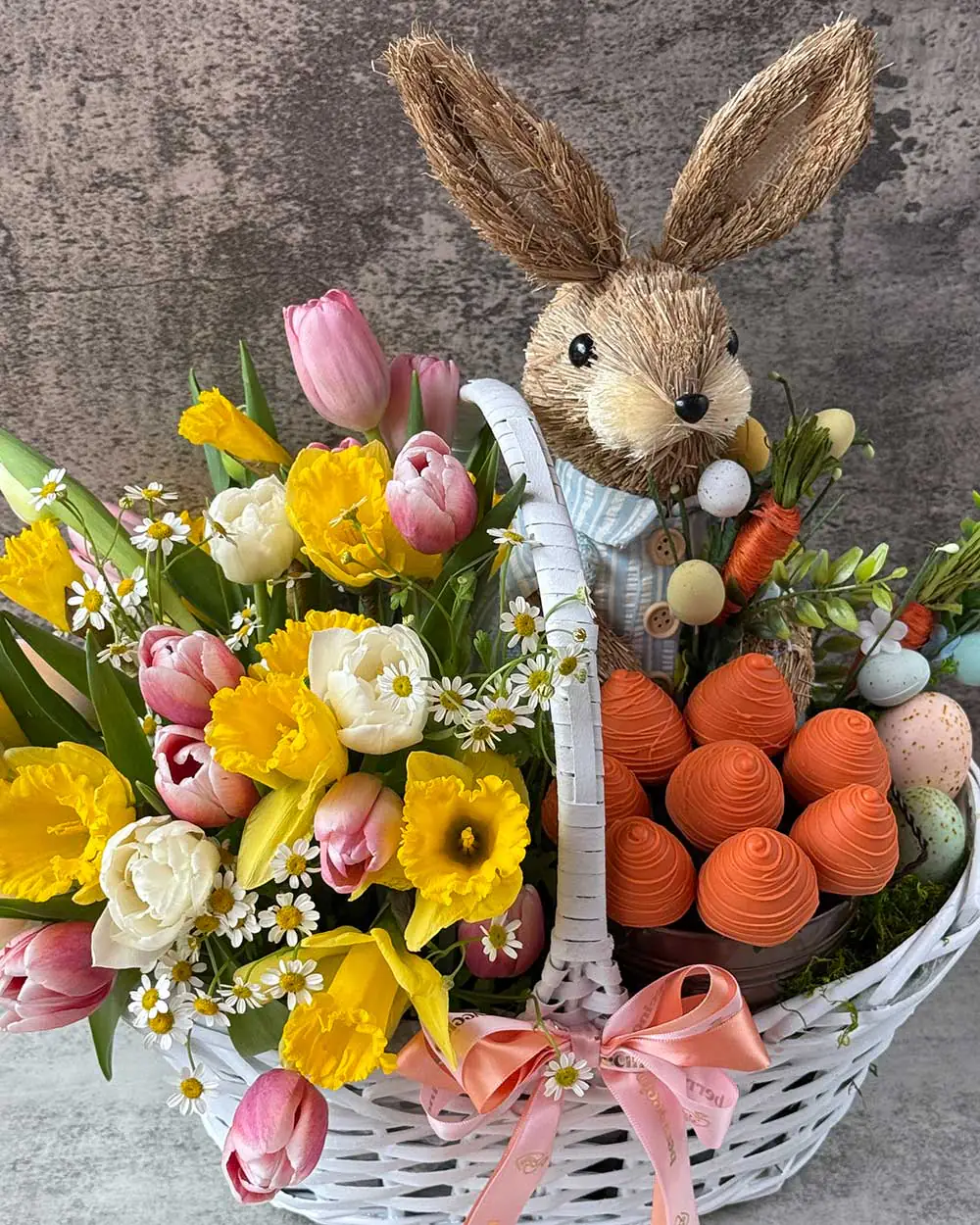 Berryccino Easter basket featuring fresh flowers and chocolate strawberries