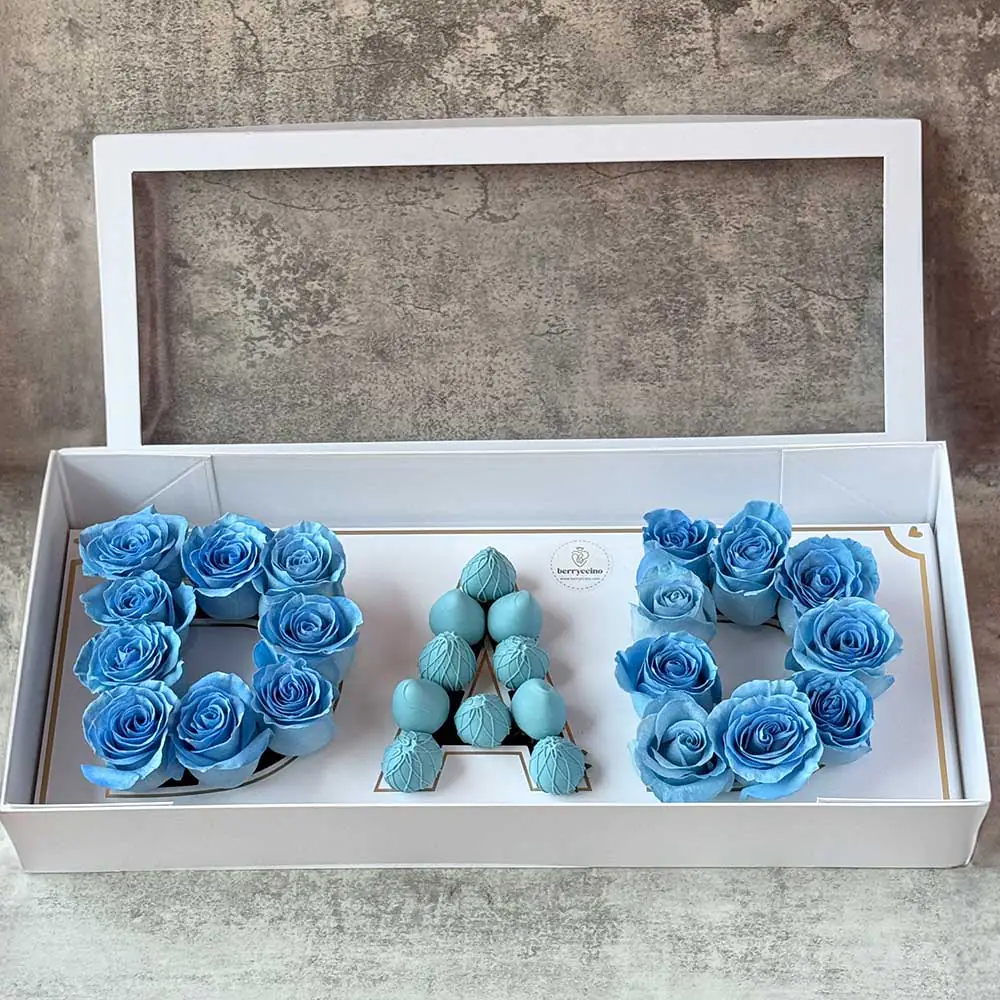 Dad letter box with blue roses and chocolate-covered strawberries in white gift box