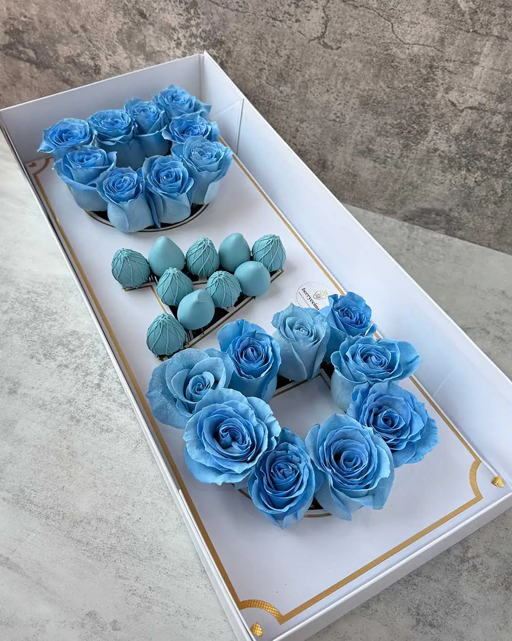 Father’s Day gift arrangement with preserved roses and Belgian chocolate