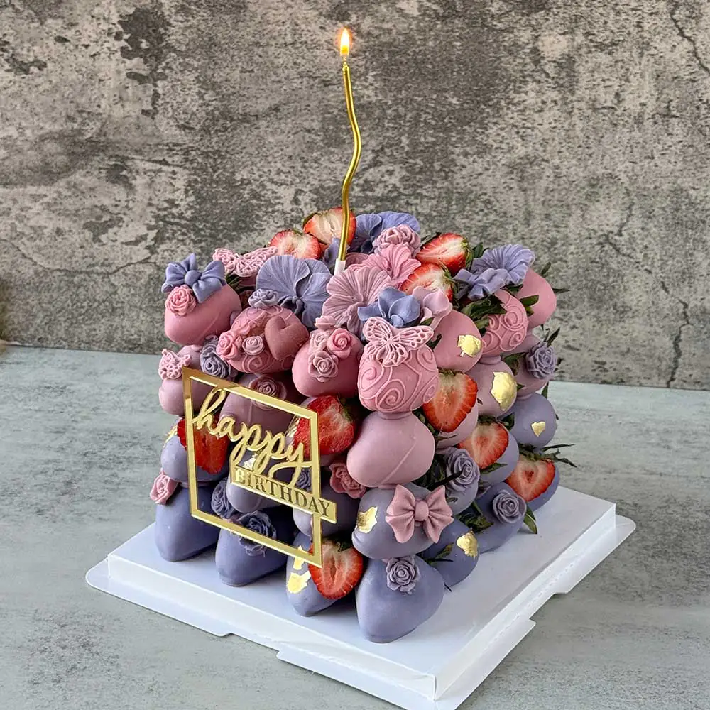 Large Lavender & Pink Chocolate-Covered Strawberry Cake – 64 pcs