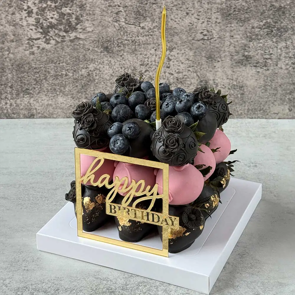 Black & Pink Chocolate-Covered Strawberry Cake with Blueberries