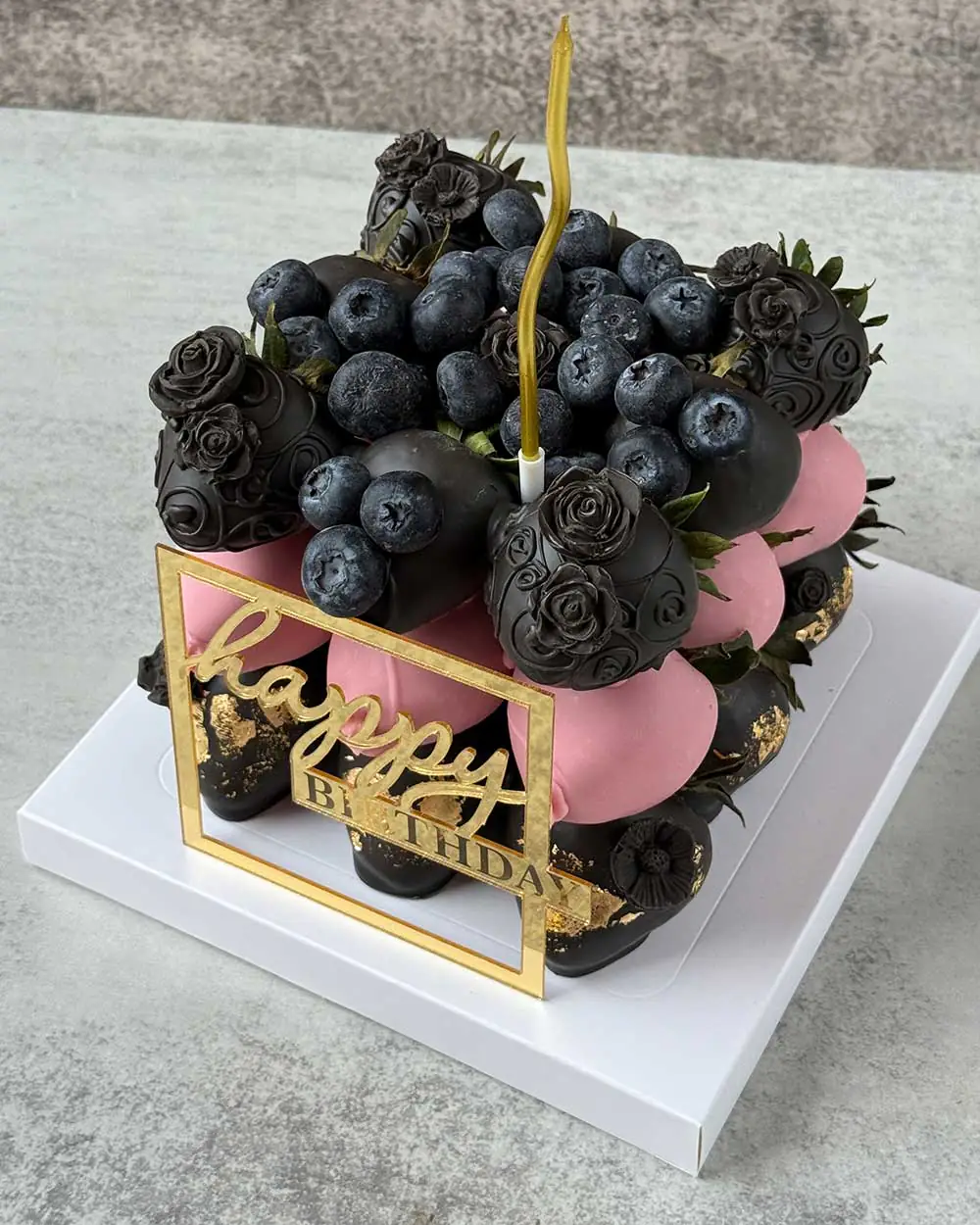 Black & Pink Chocolate-Covered Strawberry Cake with Blueberries - Image 2