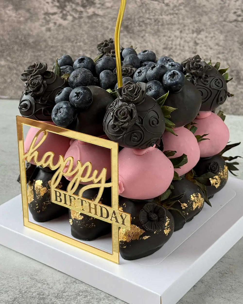 Black & Pink Chocolate-Covered Strawberry Cake with Blueberries - Image 3