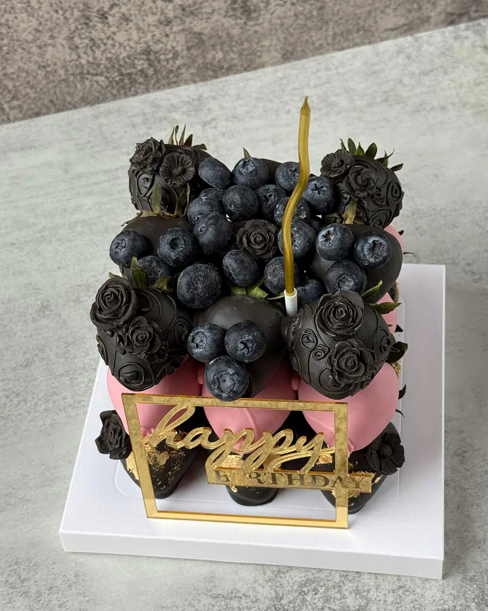 Black & Pink Chocolate-Covered Strawberry Cake with Blueberries - Image 4