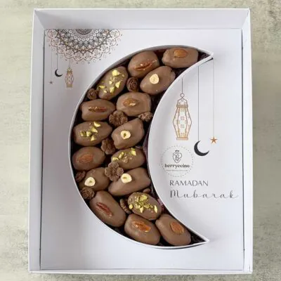 Ramadan Crescent Gift Box with chocolate covered dates and nuts