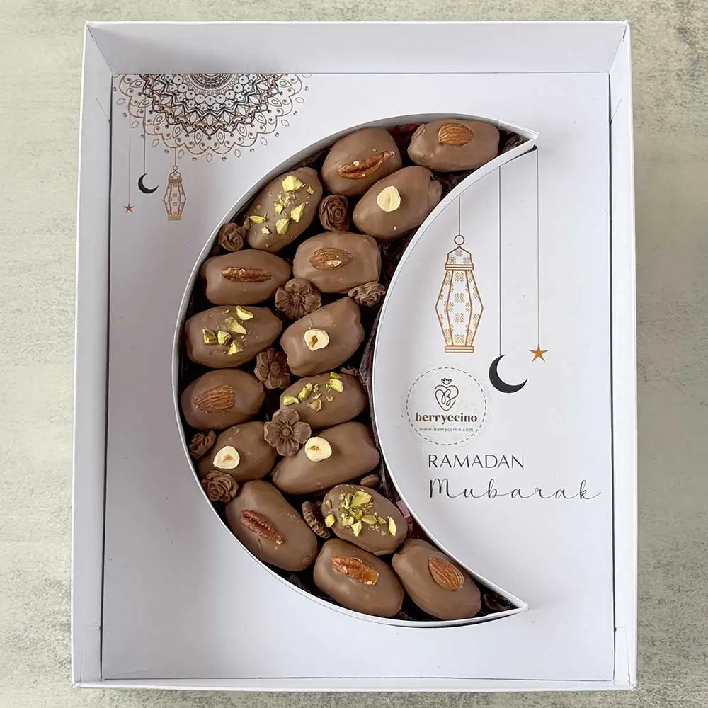 Ramadan Crescent Gift Box with chocolate covered dates and nuts