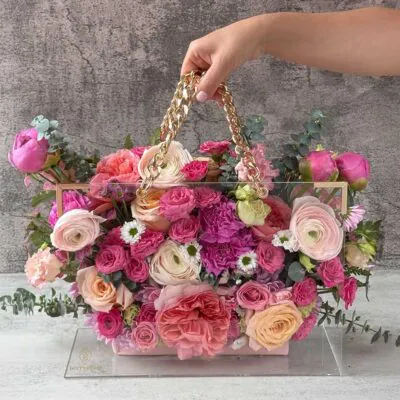 Luxury Acrylic Flower Bag with custom gold name and pink flowers