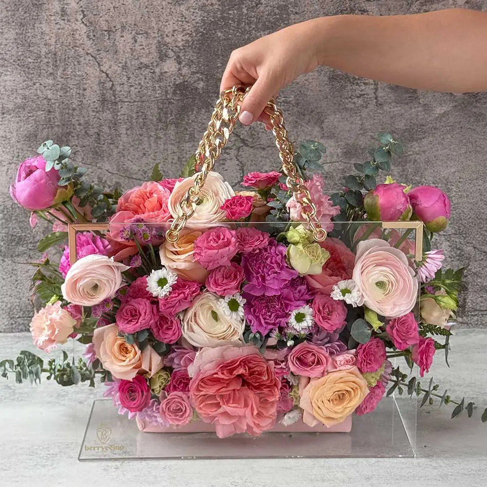 Luxury Acrylic Flower Bag with custom gold name and pink flowers