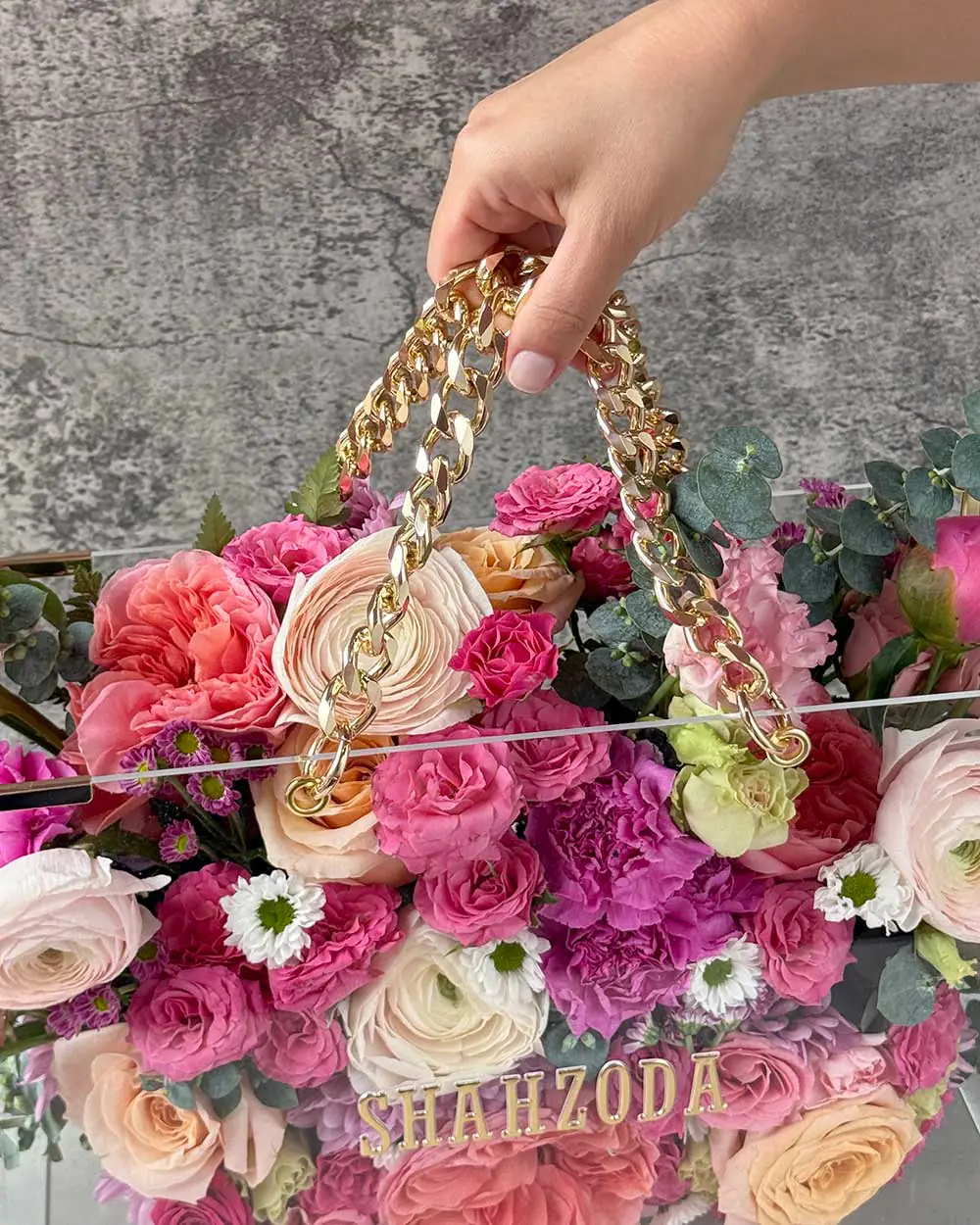 Personalized acrylic flower bag with gold chain handles