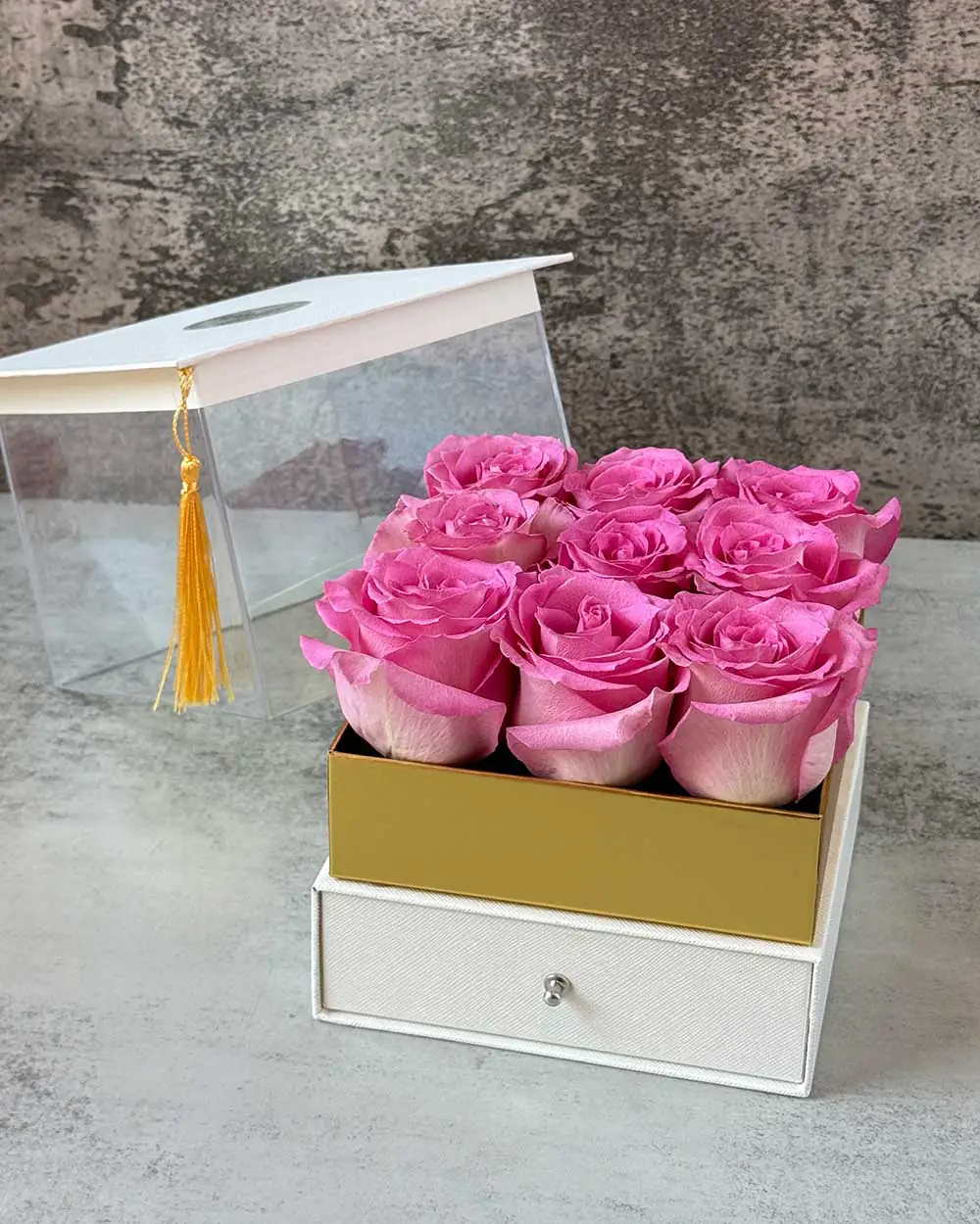 Pink rose graduation bouquet in keepsake box