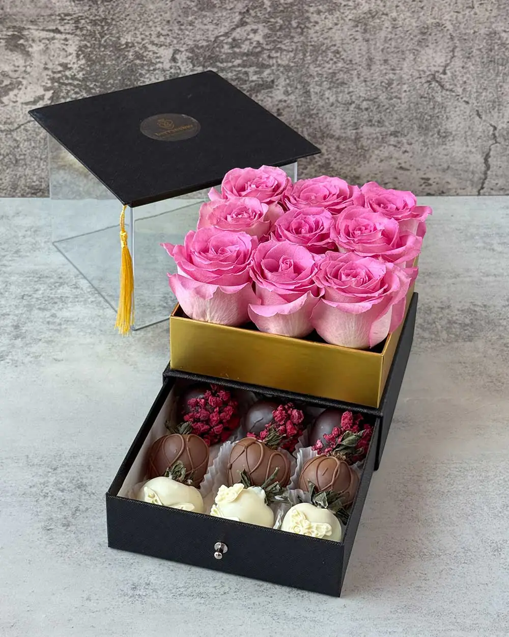 Luxury graduation flowers and strawberries gift NYC