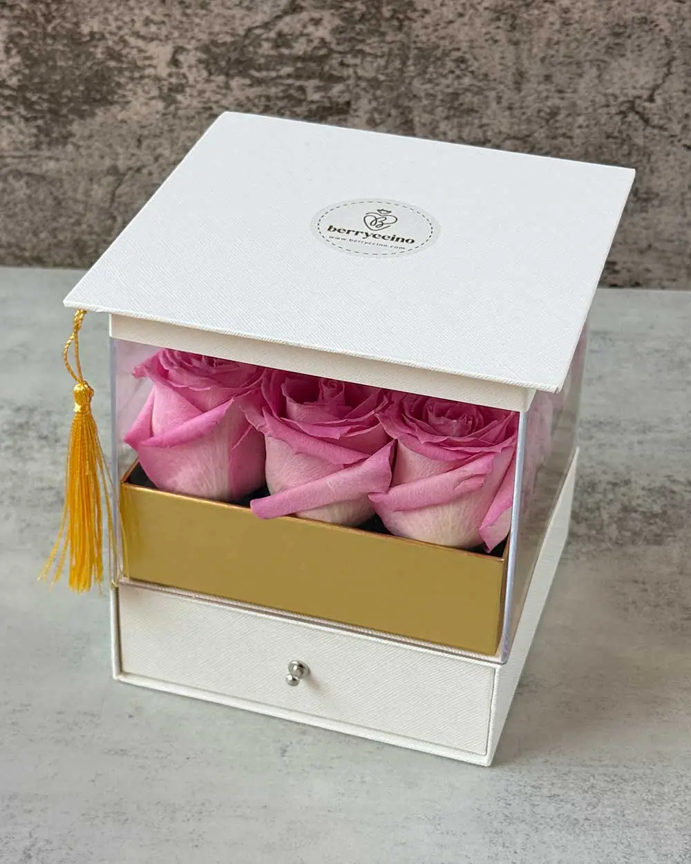 Graduation gift box with fresh flowers and gourmet strawberries